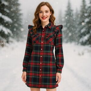 Blue Rain Ruffle Plaid Shirt Dress Size S